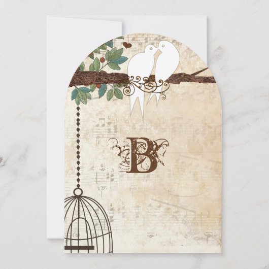 愛の鳥が木の結婚式に招待して座ってハト 招待状 (裏面)