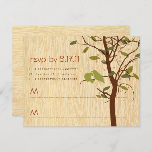 愛の鳥たちと共に - ウッドグレインの出欠返信カード 出欠カード (正面/裏面)