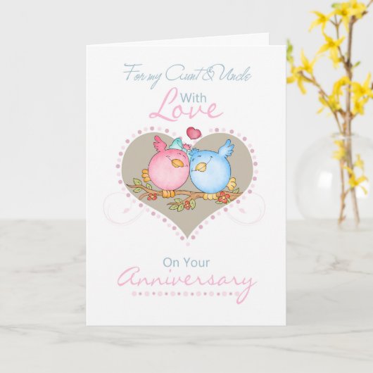愛の鳥と叔母と叔父の記念日カード カード (黄色い花)