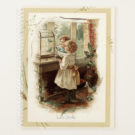 愛の鳥と子供のヴィンテージ再生 プランナー手帳 (正面)