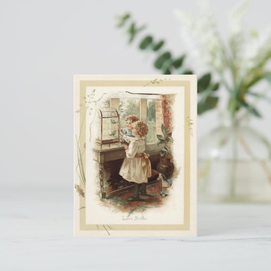 愛の鳥と子供のヴィンテージ再生 ポストカード (スタンド正面)