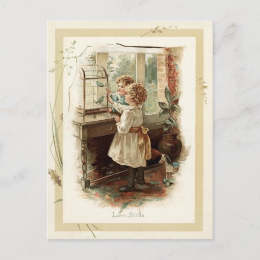 愛の鳥と子供のヴィンテージ再生 ポストカード (正面)