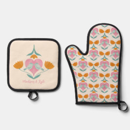 愛の鳥と花パターン 鍋つかみ&鍋敷きセット