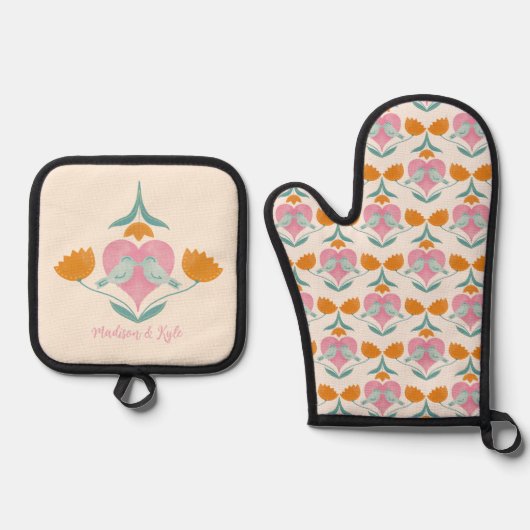 愛の鳥と花パターン 鍋つかみ&鍋敷きセット (正面)