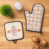 愛の鳥と花パターン 鍋つかみ&鍋敷きセット (トップダウン)