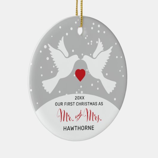 愛の鳥のパーソナライズされたミスターとミセス・ファースト・クリスマス セラミックオーナメント (右)