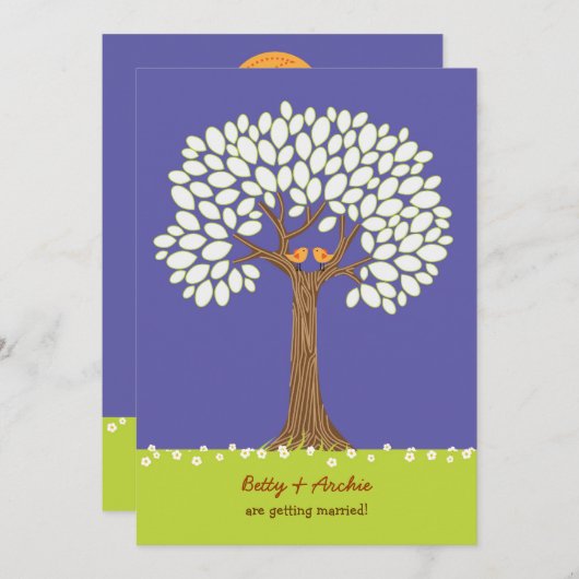 愛の鳥の木(夜)の結婚式招待状 招待状 (正面/裏面)