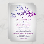 愛の鳥の枝紫と海軍の結婚式の招待 招待状 (正面/裏面)
