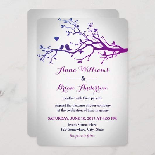 愛の鳥の枝紫と海軍の結婚式の招待 招待状 (正面/裏面)