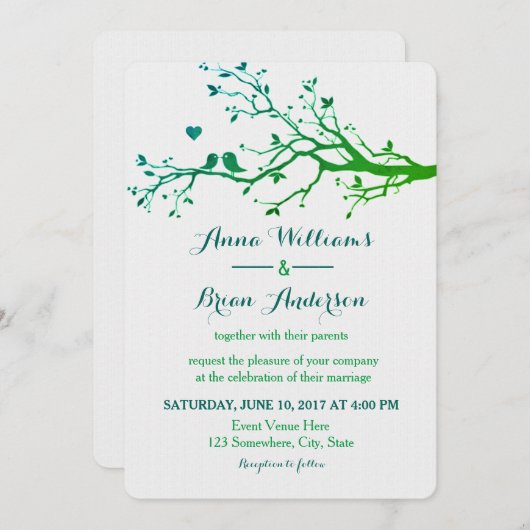 愛の鳥の枝緑の色相の結婚式の招待 招待状 (正面/裏面)