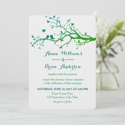 愛の鳥の枝緑の色相の結婚式の招待 招待状 (スタンド正面)