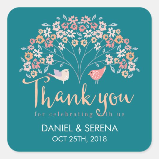 愛の鳥の花の木ありがとう結婚ステッカー スクエアシール (正面)