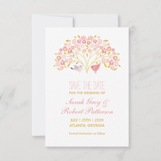 愛の鳥の花の木の結婚式の日付カードを保存 セーブザデート (正面)