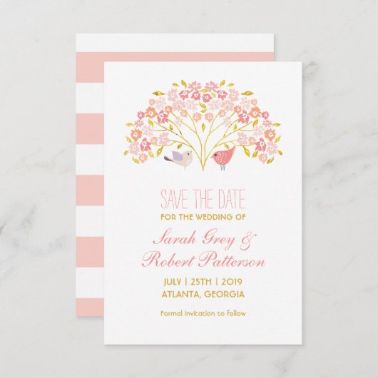 愛の鳥の花の木の結婚式の日付カードを保存 セーブザデート (正面/裏面)