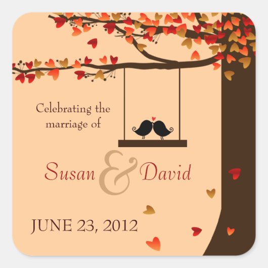 愛の鳥の落下ハートオークツリーシールシール スクエアシール (正面)