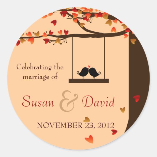 愛の鳥の落下ハートオークツリーシールシール ラウンドシール (正面)