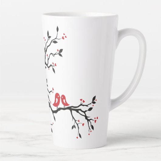 愛の鳥オンブランチ – ロマンチックな赤いハートツリーアート カフェラテマグ (右)