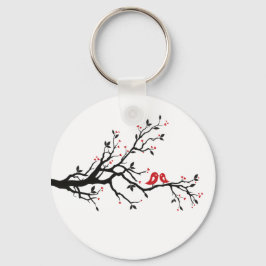 愛の鳥オンブランチ – ロマンチックな赤いハートツリーアート キーホルダー