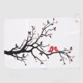愛の鳥オンブランチ – ロマンチックな赤いハートツリーアート ゴルフタオル (横)