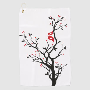 愛の鳥オンブランチ – ロマンチックな赤いハートツリーアート ゴルフタオル