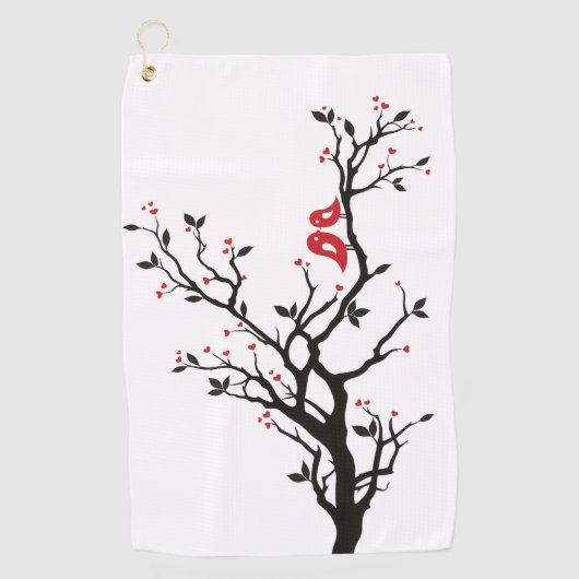愛の鳥オンブランチ – ロマンチックな赤いハートツリーアート ゴルフタオル (正面)