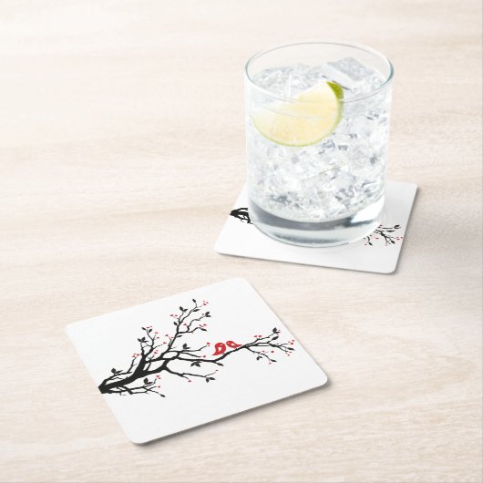 愛の鳥オンブランチ – ロマンチックな赤いハートツリーアート スクエアペーパーコースター (インサイチュ)