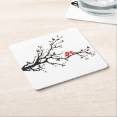 愛の鳥オンブランチ – ロマンチックな赤いハートツリーアート スクエアペーパーコースター (アングル)