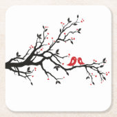 愛の鳥オンブランチ – ロマンチックな赤いハートツリーアート スクエアペーパーコースター (正面)