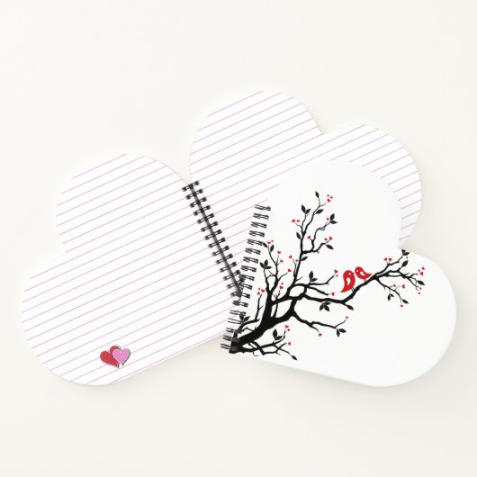 愛の鳥オンブランチ – ロマンチックな赤いハートツリーアート ノートブック (内部)