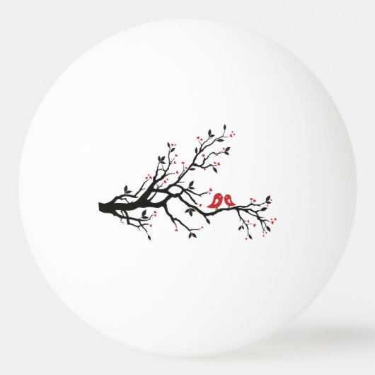 愛の鳥オンブランチ – ロマンチックな赤いハートツリーアート 卓球ボール (正面)