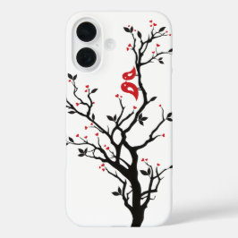 愛の鳥オンブランチ – ロマンチックな赤いハートツリーアート iPhone 16ケース