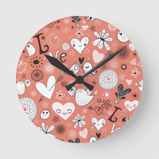 愛の鳥パターン ラウンド壁時計 (正面)
