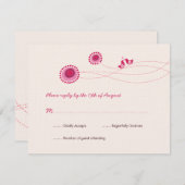 愛の鳥ピンクのドットかわいい花結婚式RSVPカード 出欠カード (正面/裏面)