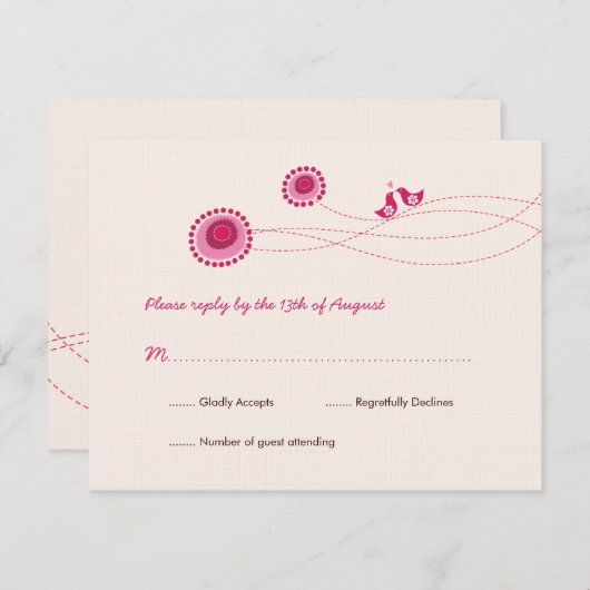 愛の鳥ピンクのドットかわいい花結婚式RSVPカード 出欠カード (正面/裏面)