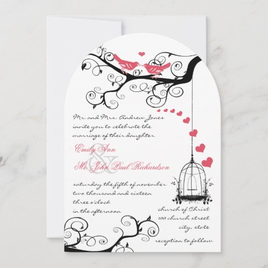 愛の鳥モダンピンクの結婚式の招待 招待状 (正面)