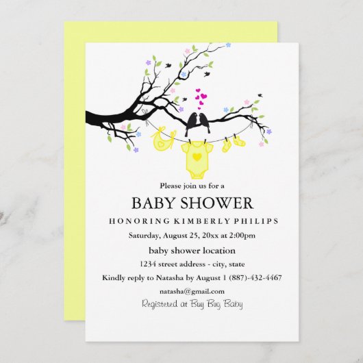 愛の鳥 | ベビー男女兼用シャワー招待状 招待状 (正面/裏面)