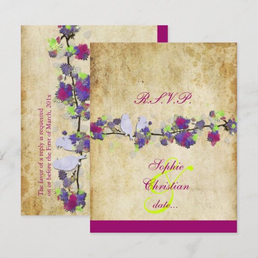 愛の鳥、大きなRSVPs/DIY色 出欠カード (正面/裏面)