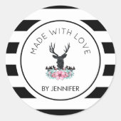 愛の鹿の頭と花と山で作られる ラウンドシール (正面)