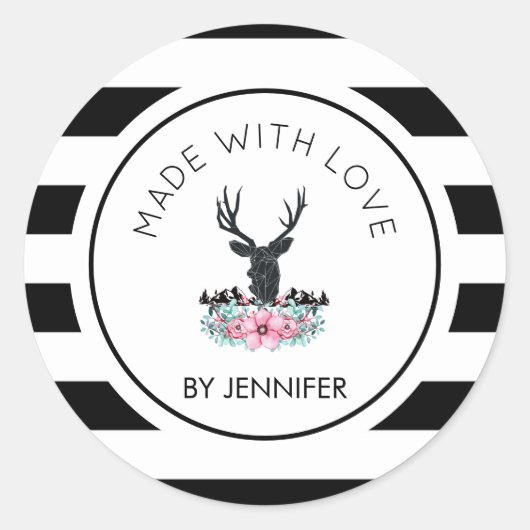 愛の鹿の頭と花と山で作られる ラウンドシール (正面)