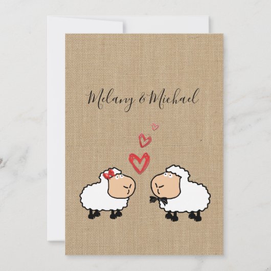 愛の黄麻布おもしろいの愛らしい可愛い漫画の羊 招待状 (裏面)