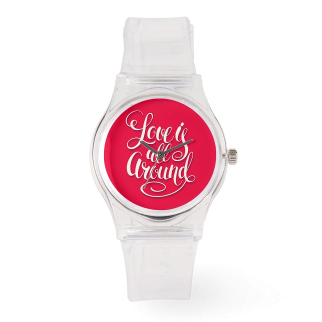 愛はすべてのスクリプトのまわりにレタリングピンク 腕時計 (正面)