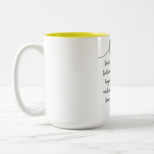 愛はすべての事のマグに耐えます ツートーンマグカップ (左)