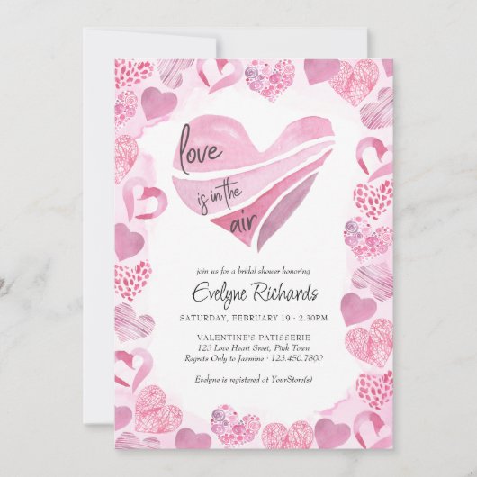 愛はエアピンクラブハートブライダルシャワー 招待状 (正面)