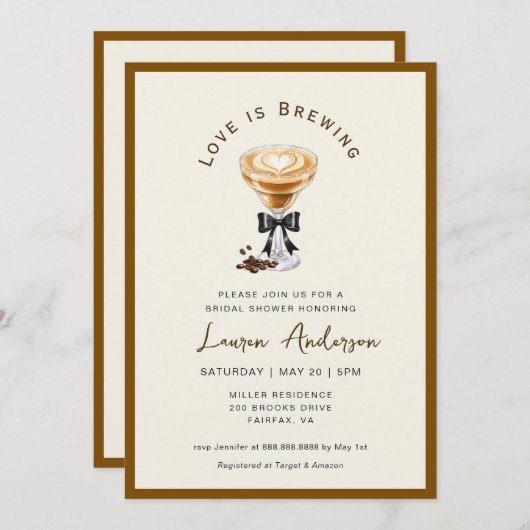 愛はコーヒーを醸造しているブライダルシャワー 招待状 (正面/裏面)
