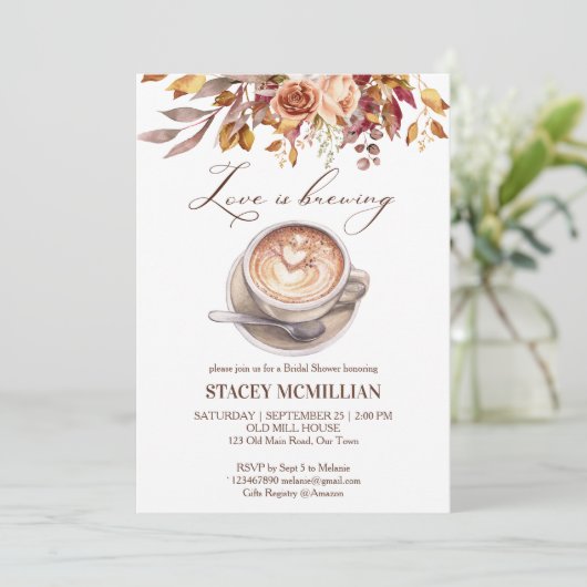 愛はコーヒーを醸造している秋ブライダルシャワー 招待状 (スタンド正面)