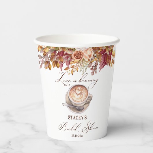 愛はコーヒーを醸造している秋ブライダルシャワー 紙コップ (裏面)