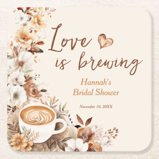 愛はコーヒーを醸造するブライダルシャワー好意 スクエアペーパーコースター (正面)
