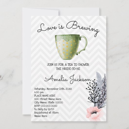 愛はブルーイングエレガントフラワーティーブライダルシャワー 招待状 (正面)