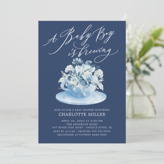 愛はブルーイング青いフローラ男の赤ちゃんティーシャワー 招待状 (スタンド正面)