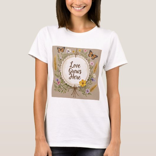 愛はボホ、ワイルドフラワー、小麦、蝶を育てる Tシャツ (正面)